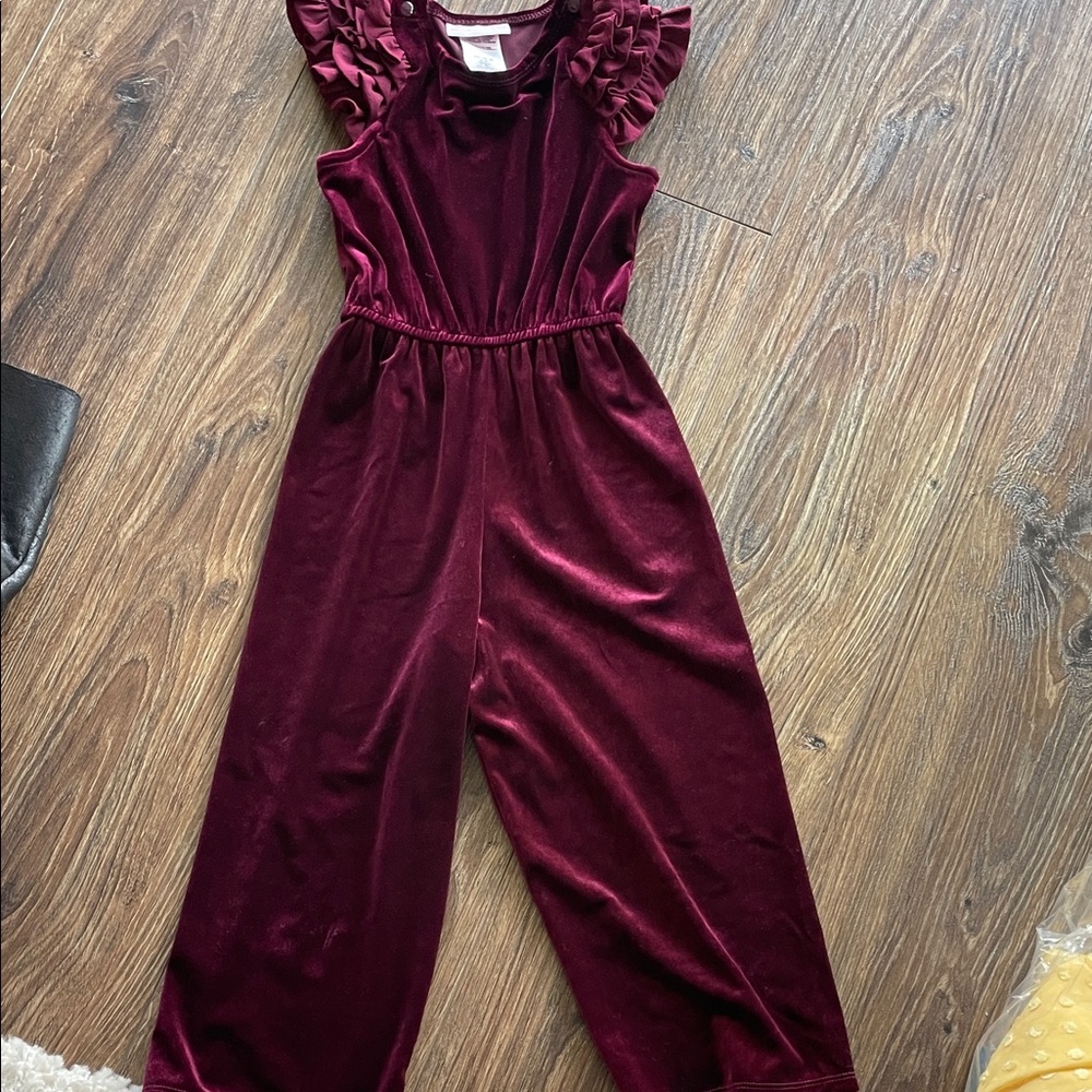 Girls Elegant Burgundy Velvet Jumpsuit